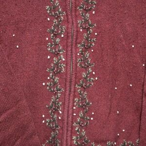 Women's Holiday Sweater By Croft&Barrow, Large Maroon With Stitched Holly Design
